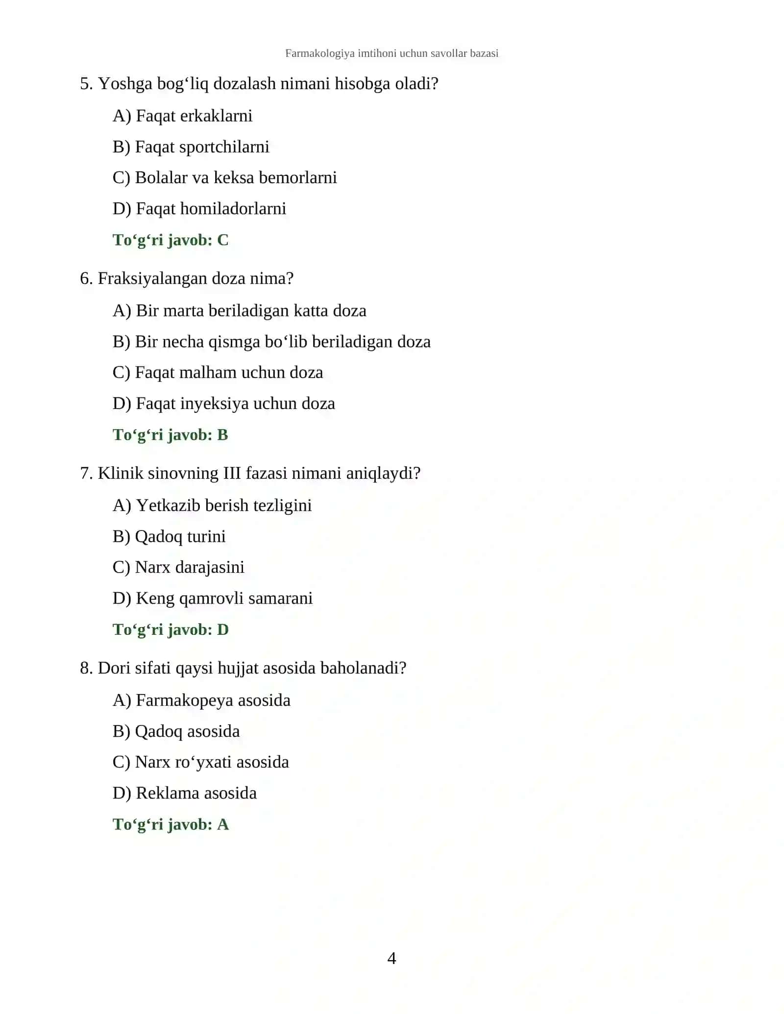 Testlar To‘plami: Farmakologiya asoslari 4