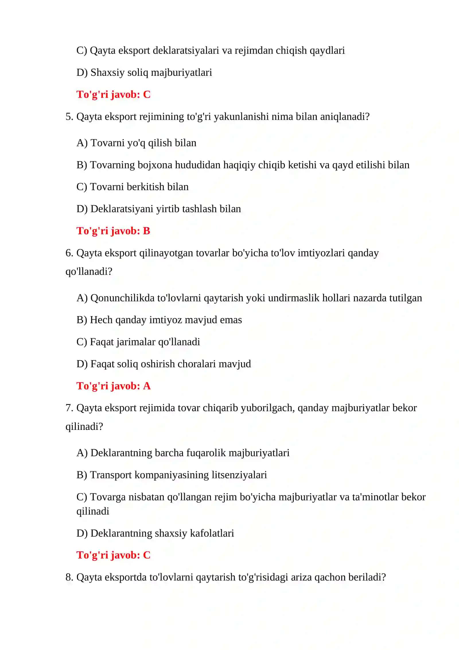 BOJXONA REJIMLARINING TURLARI TESTLARI 4