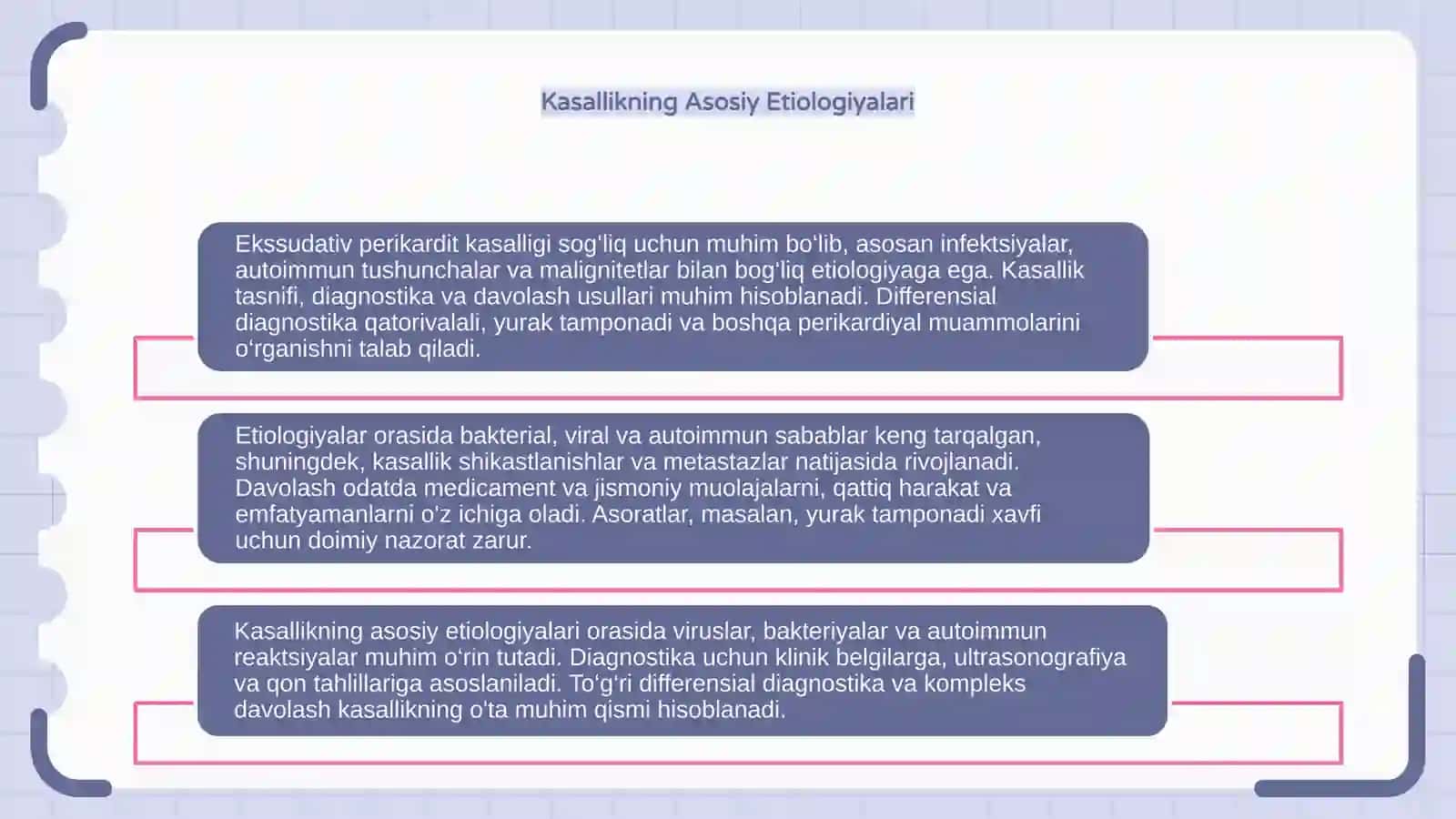 Ekssudativ perikardit kasalligi, etiologiyasi, tasnifi, diagnostika va differensial diagnostika, davolash va asorati 4