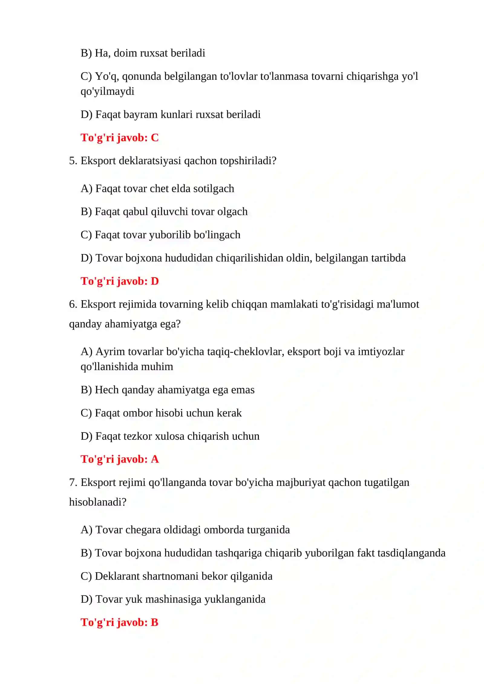 EKSPORT TARTIBI BO'YICHA TESTLAR 4