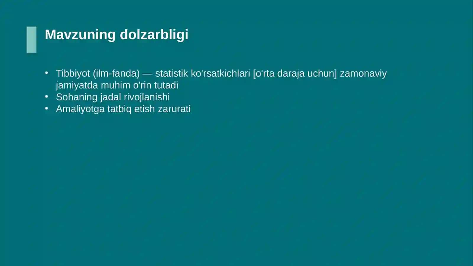 Tibbiyot (ilm-fanda) — statistik ko'rsatkichlari [o'rta daraja uchun] 4