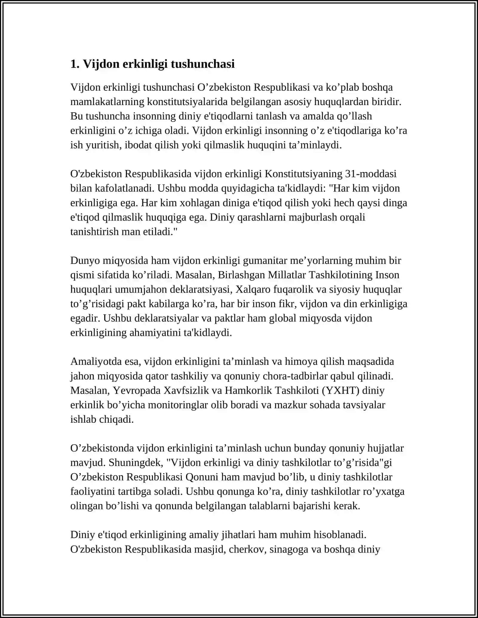 OʻZBEKISTON RESPUBLIKASINING "VIJDON ERKINLIGI VA DINIY TASHKILOTLAR TOʻGʻRISIDA" GI QONUNINING MAZMUNI 4