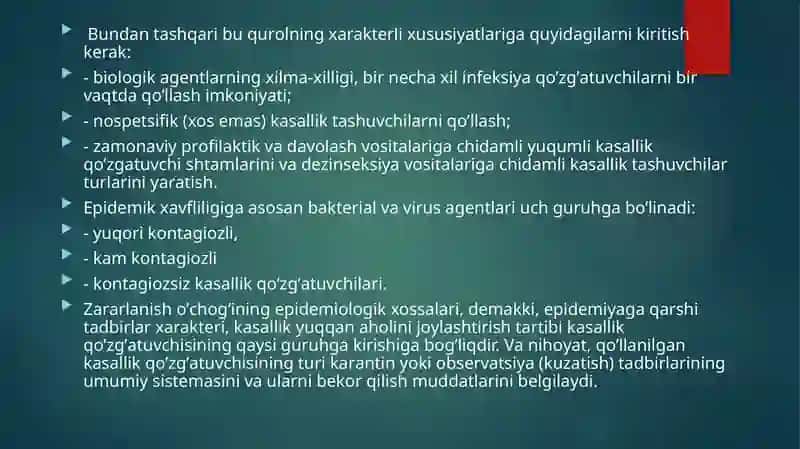 BАKTERIОLОGIK (BIОLОGIK) VOSITALAR BILAN ZАRАRLАNGAN О’CHОQDА EPIDЕMIYAGА QАRSHI CHORA TАDBIRLАR 4