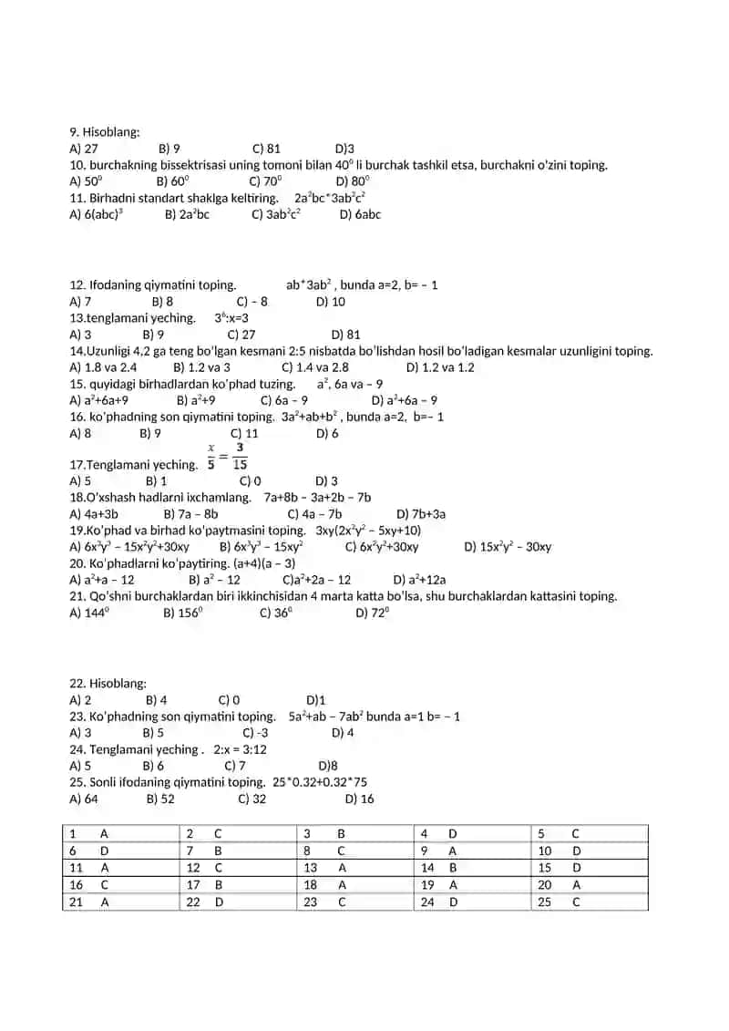 Matematikadan testlar. 7-sinf 4