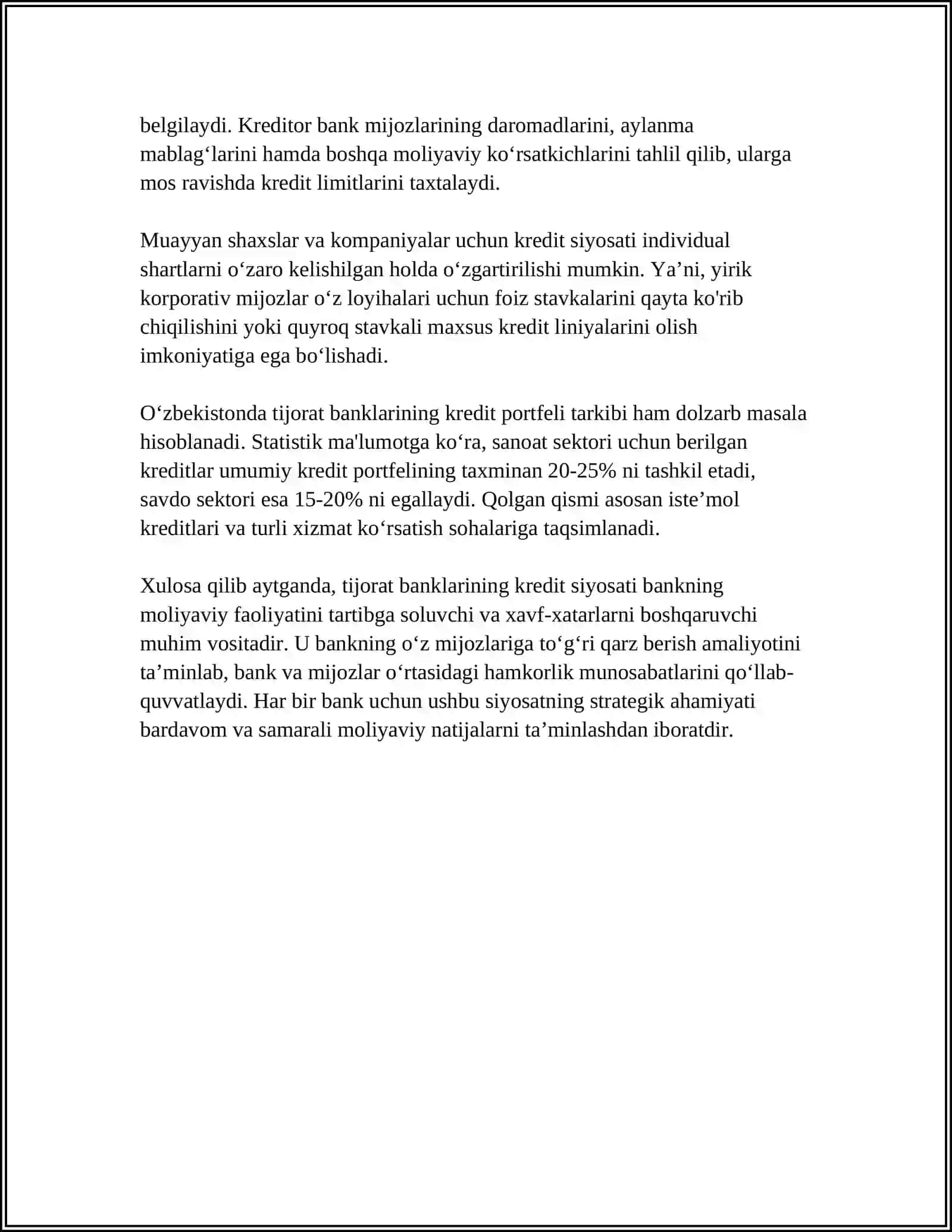 MUSTAQIL ISH Mavzu: TIJORAT BANKLARINING KREDIT SIYOSATI 4