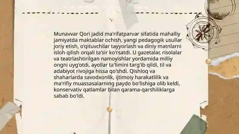 Jadid ma'rifatparvarlarining o'lka ijtimoiy-ma'naviy hayotida tutgan o'rni(Munavvar Qori, Fitrat, Behbudiy, Avloniy va boshqalar.) 4