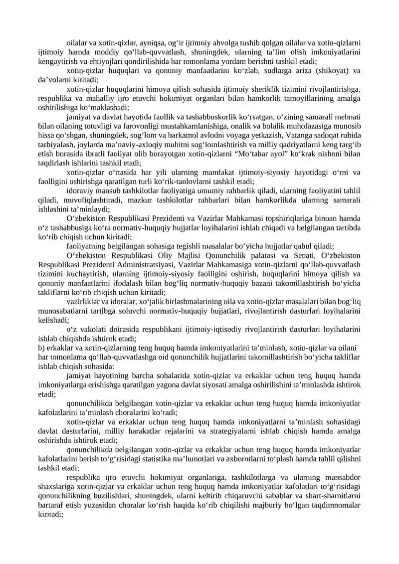 O‘ZBEKISTON RESPUBLIKASI OILA VA XOTIN-QIZLAR QO‘MITASI FAOLIYATINI TARTIBGA SOLISH SOHASIDAGI AYRIM NORMATIV-HUQUQIY HUJJATLARNI TASDIQLASH TO‘G‘RISIDA 4