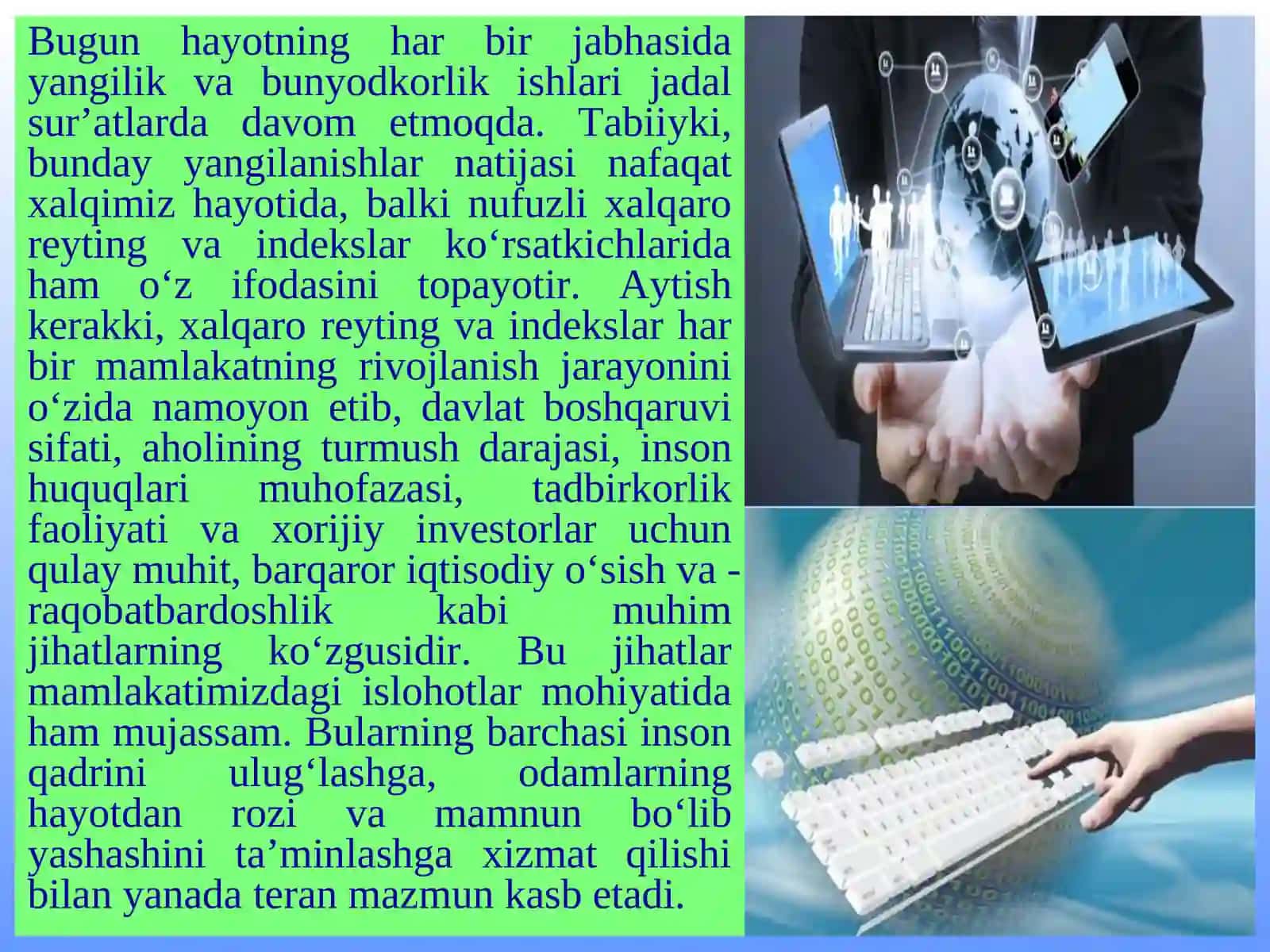 Yangi O‘zbekiston ijtimoiy-siyosiy, iqtisodiy va madaniy hayotida roʻy berayotgan oʻzgarishlarining xalqaro reyting va indekslarda aks etishi 4