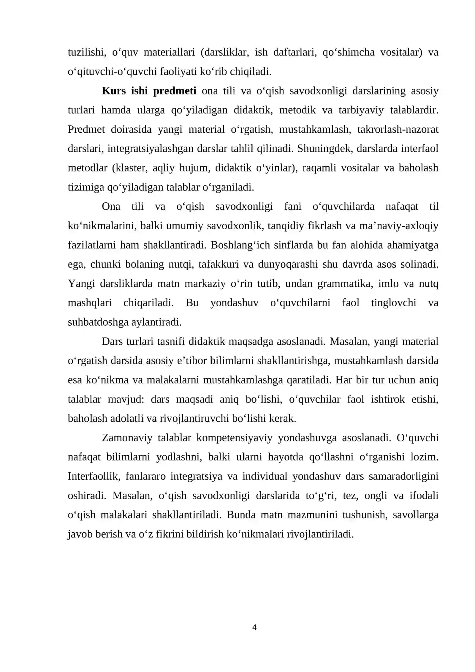 Ona tili va o‘qish savodxonligidan dars turlari va ularga qo‘yiladigan talablar 4