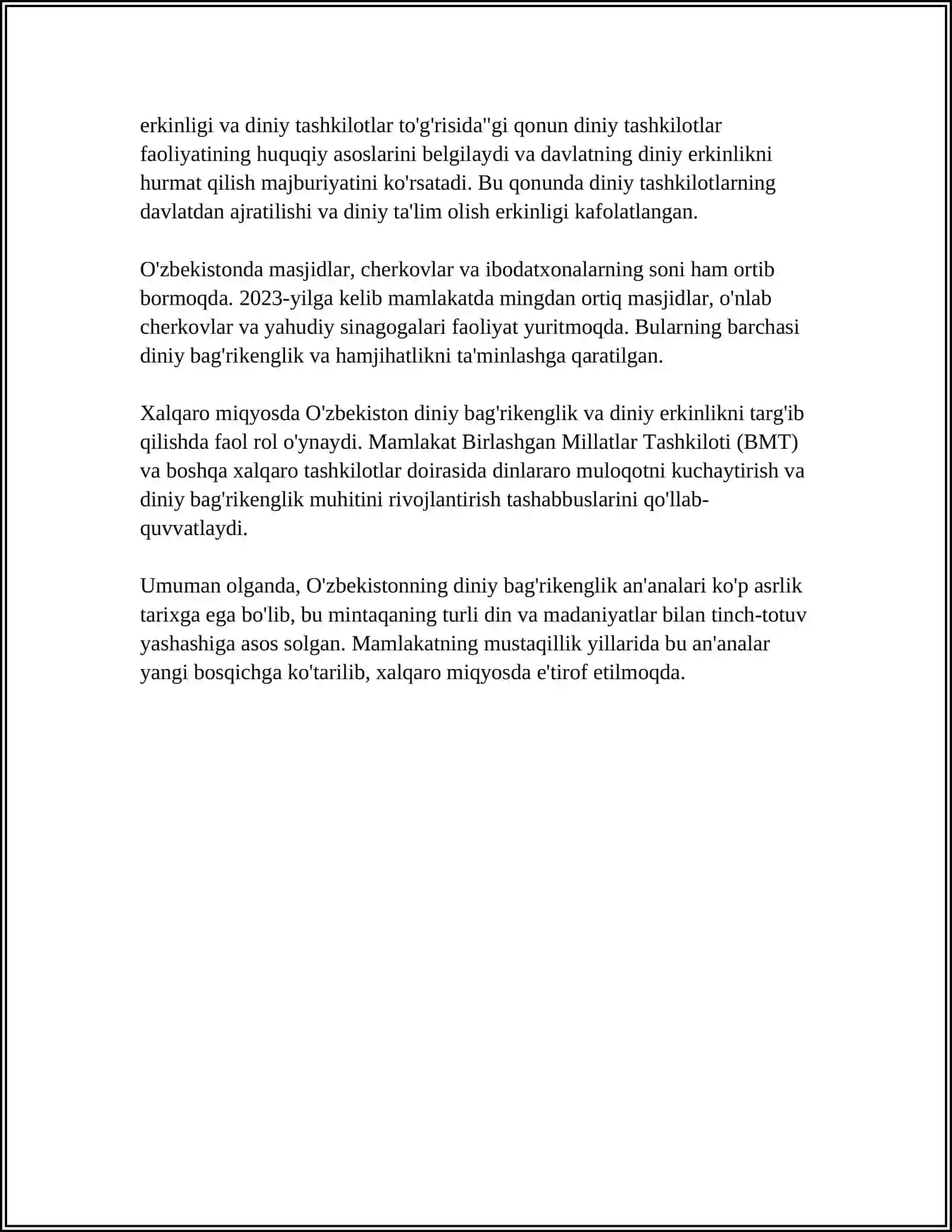 O‘ZBEKISTON KONFESSIYALARARO DINIY BAG‘RIKENGLIKNING TARIXIY TAJRIBASI MAVZUSIDA TEST TAYYORLASH 4