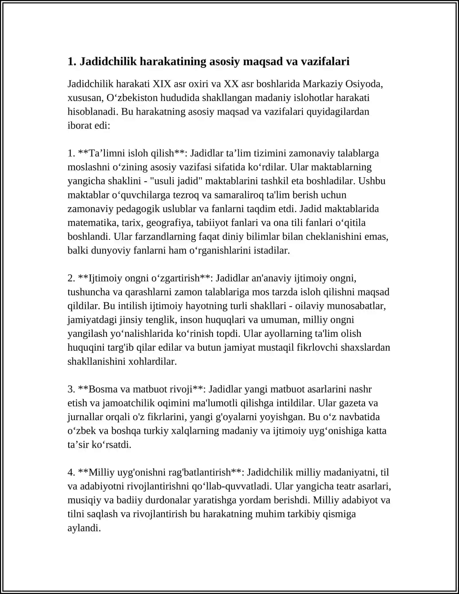 JADID MA'RIFATPARVARLARNING O'LKA ITIMOIY-MA‘NAVIY HAYOTIDA TUTGAN O'RNI (MUNAVVAR QORI, FITRAT, BEHBUDIY, AVLONIY VA BOSHQALAR) 4