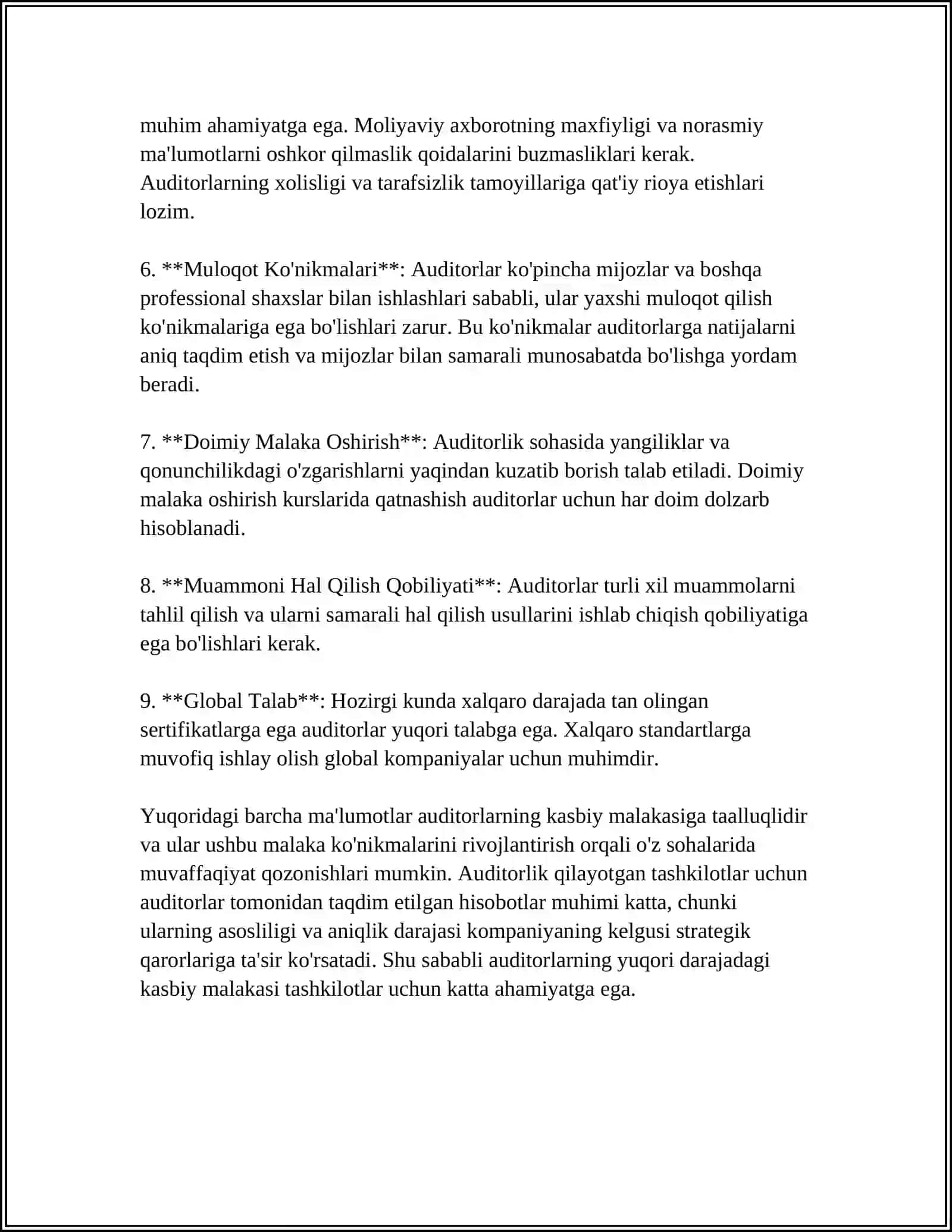 MUSTAQIL ISH Mavzu: AUDITOR KASBIGA QÔYILADIGAN TALABLAR 4