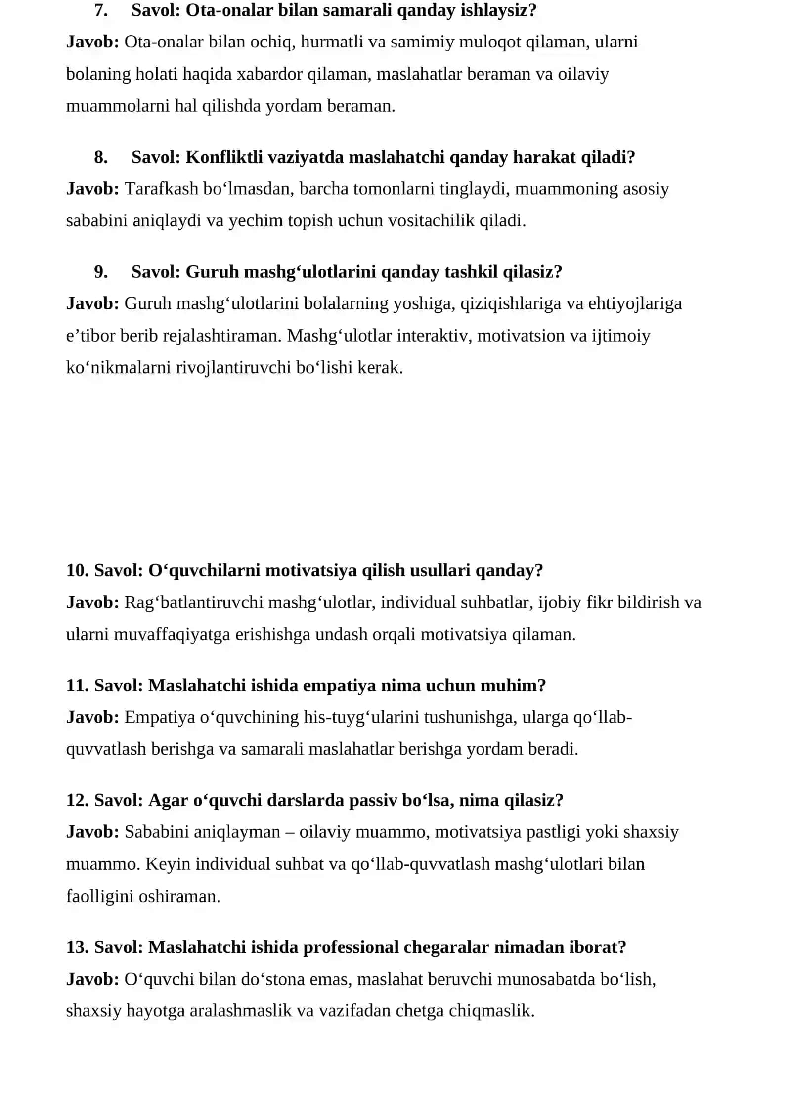 Maktab maslahatchisi. Suhbat savollari. Suhbat javoblari. 4