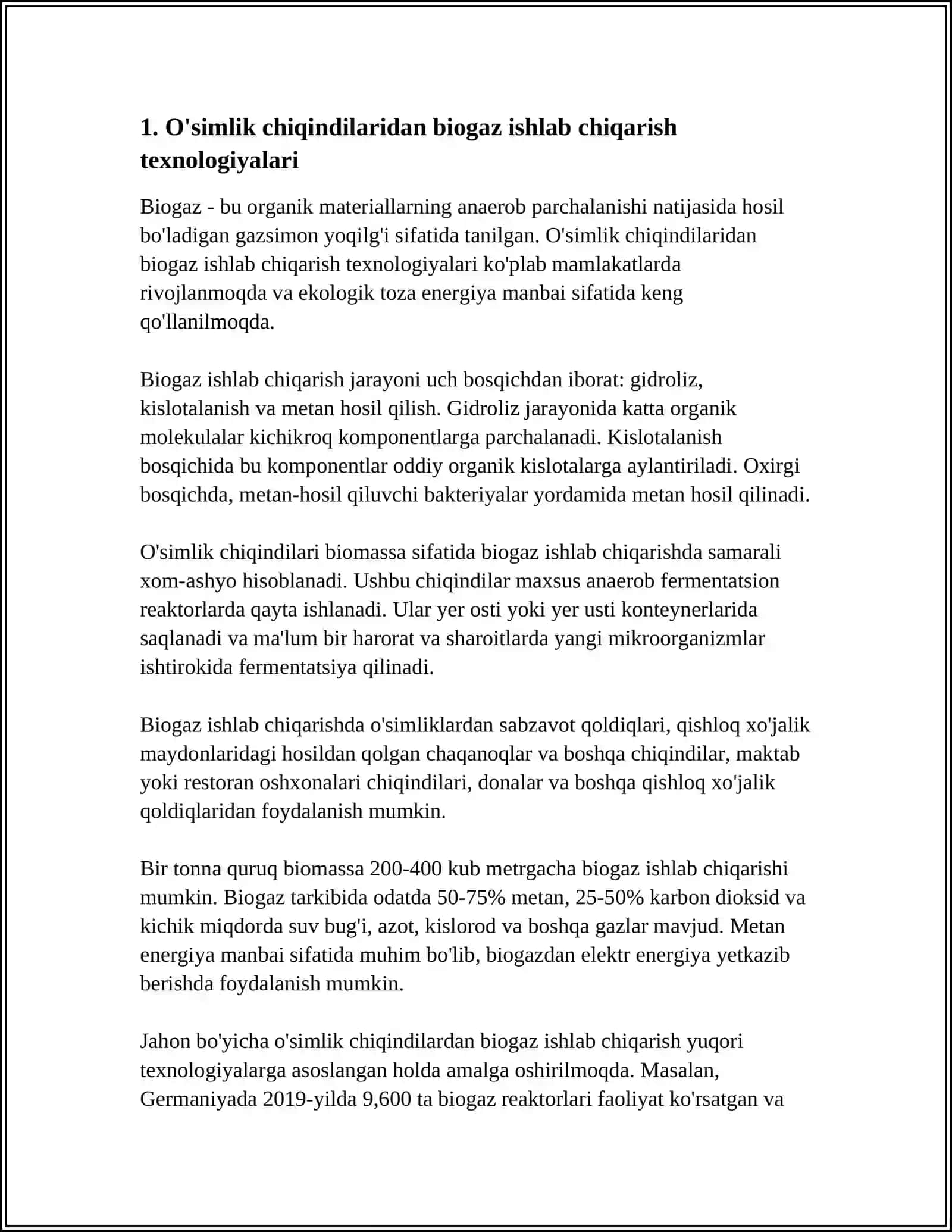 O'simlik chiqindilaridan biogaz ishlab chiqarish texnologiyalari 4