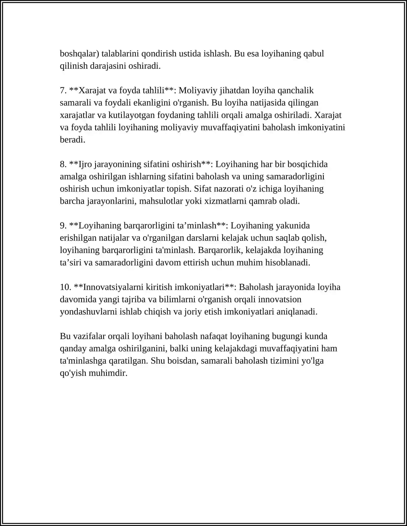 LOYIHANI BAHOLASH VA TEXNIK-IQTISODIY ASOSLASH 4