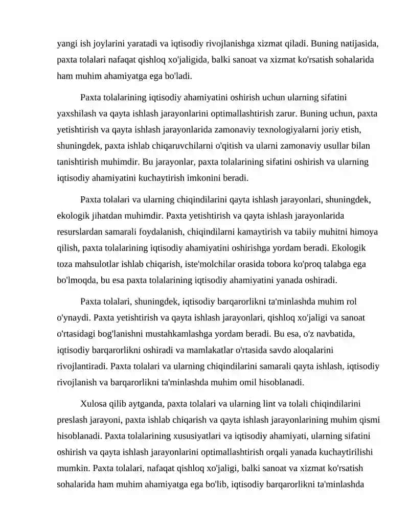 Paxta tolalarining lint va tolali chiqindilari preslash jarayoni 4