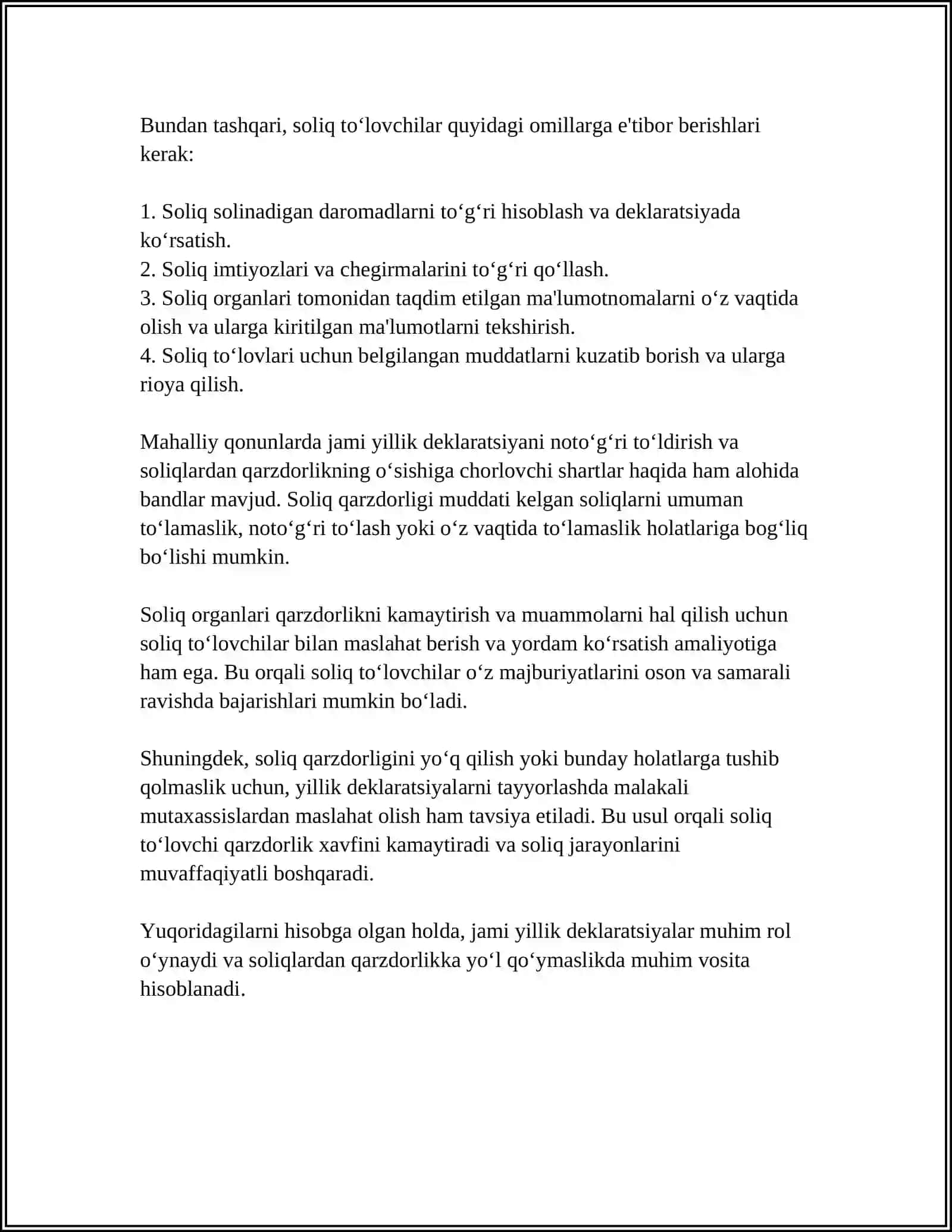 JAMI YILLIK DEKLARATSIYA TAQDIM ETGAN SOLIQ TO‘LOVCHILARNI SOLIQLARDAN QARZDORLIGI 4