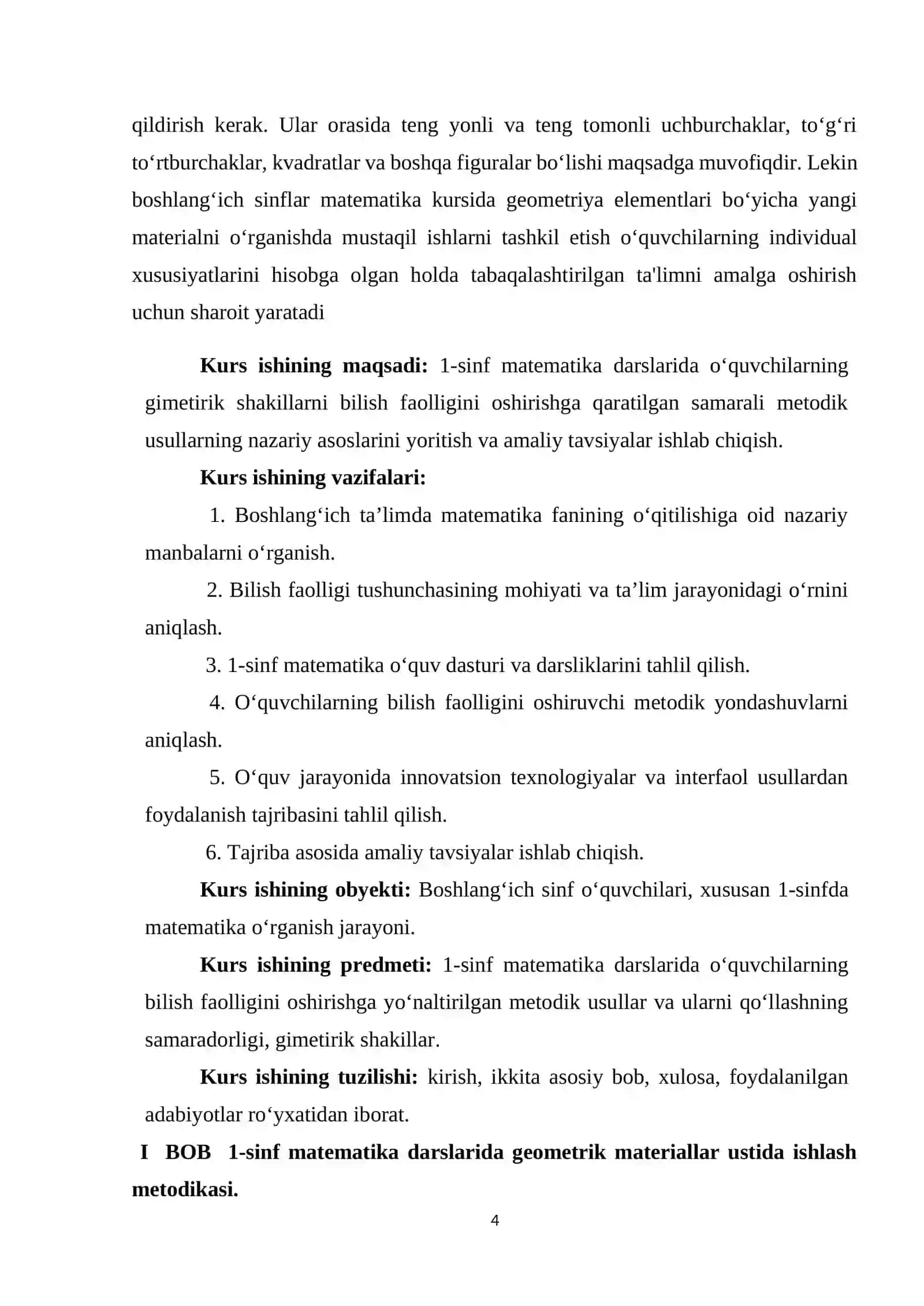 BOSHLANG’ICH SINFDA GEOMETIRIK MATERIALNI O’RGANISH METODIKASI (1-SINF MISOLIDA). KURS ISHI 4