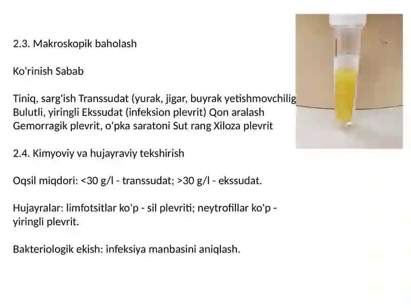 Balg'am va plevra suyuqligini labarator tekshirish. O'pkani funksional va instrumental tekshirish usullari: spirometriya, pnevmotaxometriya,oksigemometriya 4