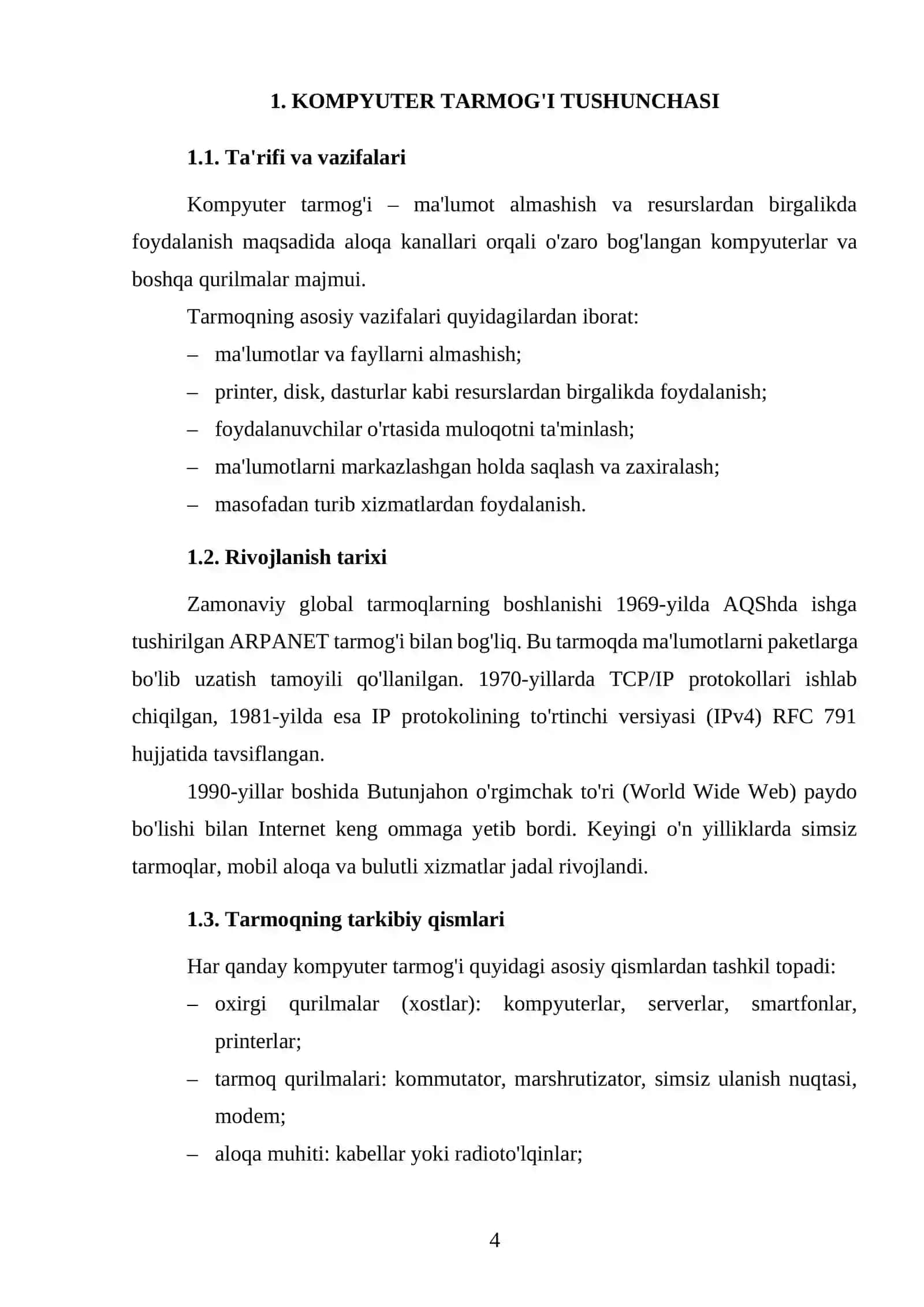 REFERAT Fan: Informatika va axborot texnologiyalari Mavzu: Kompyuter tarmoqlari va ularning turlari 4