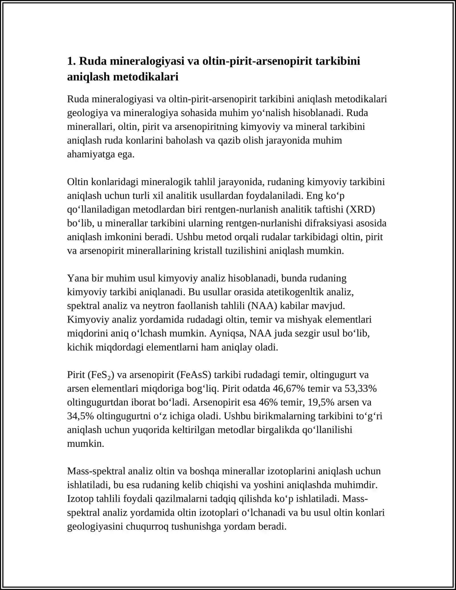 O'TA MAYDA O'LCHAMLI OLTIN TARKIBLI PIRITLI MISHYAK-PIRITLI RUDALARNI QAYTA ISHLASH TEXNOLOGIK SXEMALARNI TANLASH VA QAYTA ISHLASHDA QIYINCHILIK TUG'DIRUVCHI SABABLAR VA ULARNI BARTARAF ETISH CHORA TADBIRLARI 4