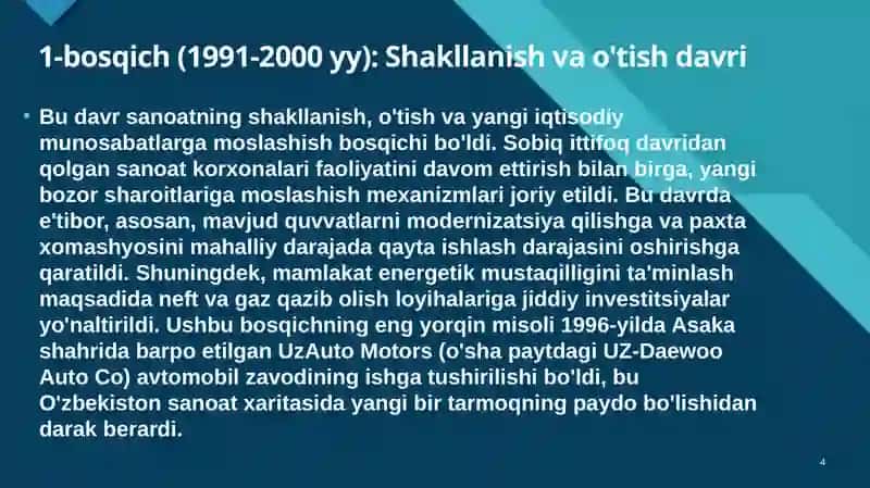 Mustaqillik yillarida sanoat korxonalari qurilishi va ularning rivojlanish 4