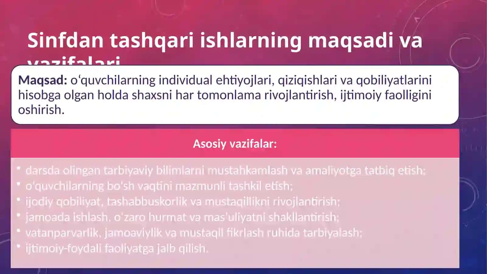 Sinfdan tashqari ishlarning vazifalari va mazmuni 4