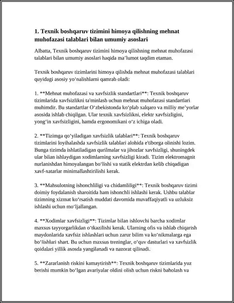 TEXNIK BOSHQARUV TIZIMINI HIMOYA QILISHDA FIZIK XAVFSIZLIK CHORALARINING MEHNAT MUHOFAZASI TALABLARI BILAN UYG'UNLIGINI TA'MINLASH 4
