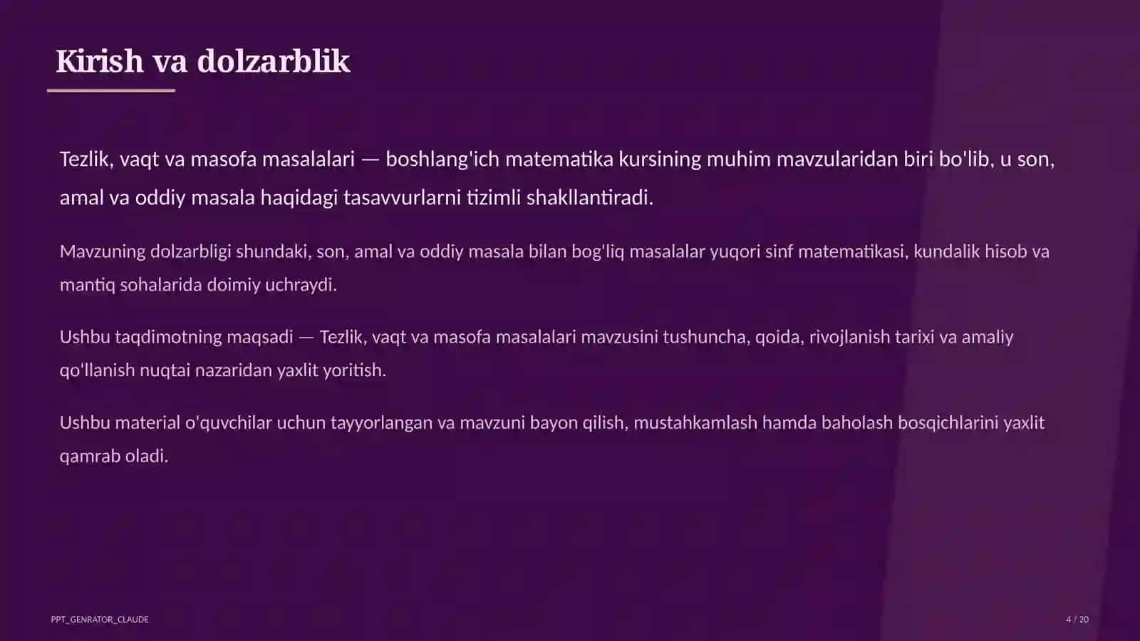 Tezlik, vaqt va masofa masalalari (4-sinf) 4