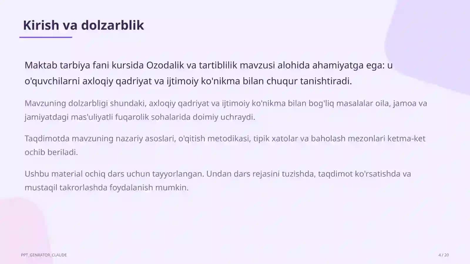 Tarbiya fani (1– 11) — ochiq dars uchun 4