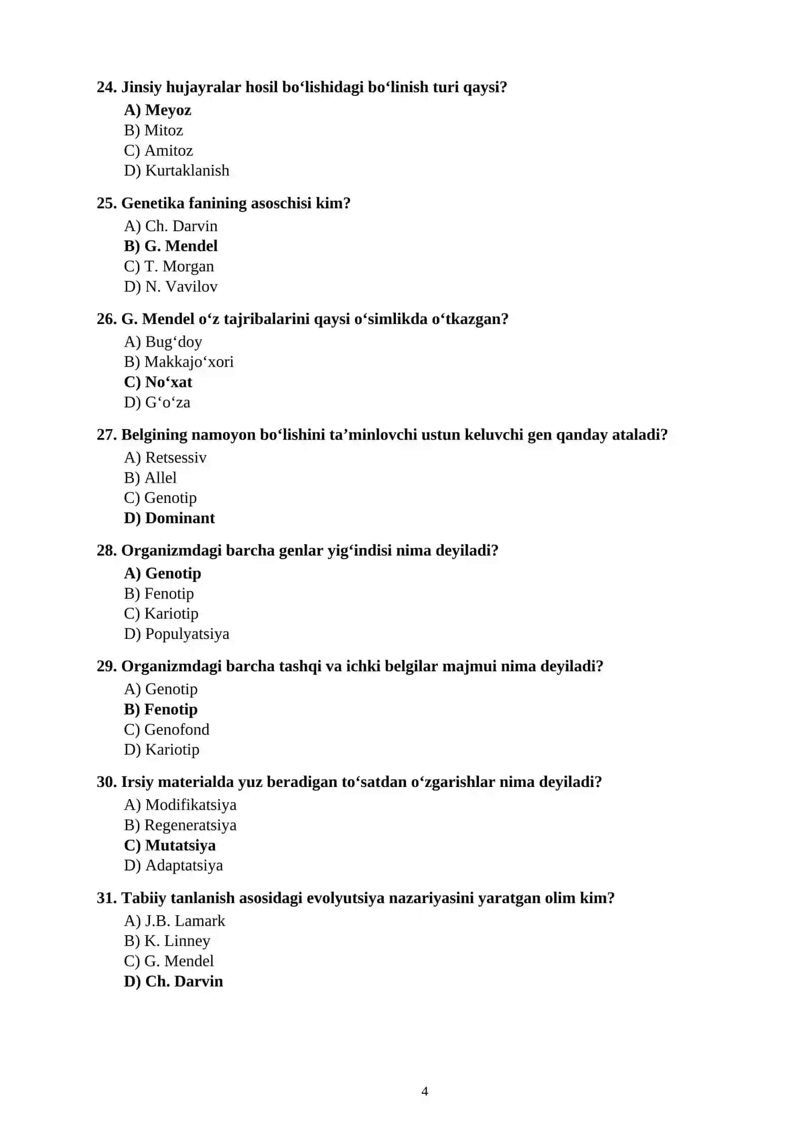 BIOLOGIYA FANIDAN 100 TA TEST SAVOLLARI JAVOBLARI BILAN 4
