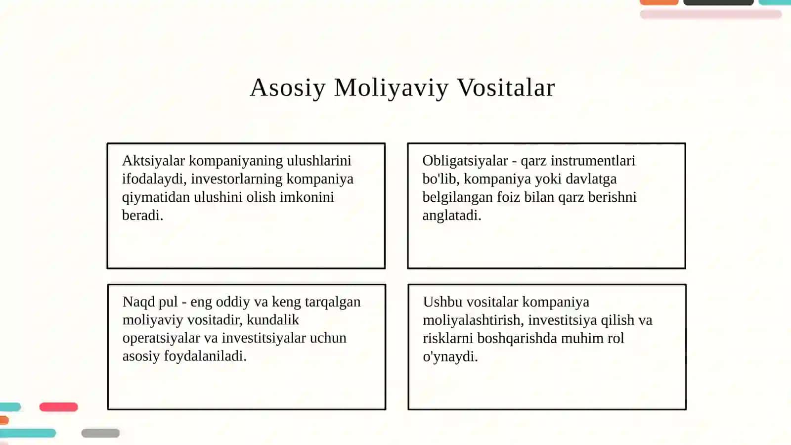 Moliyaviy vositalar: asosiy va hosila(derivative) instrumentlar 4