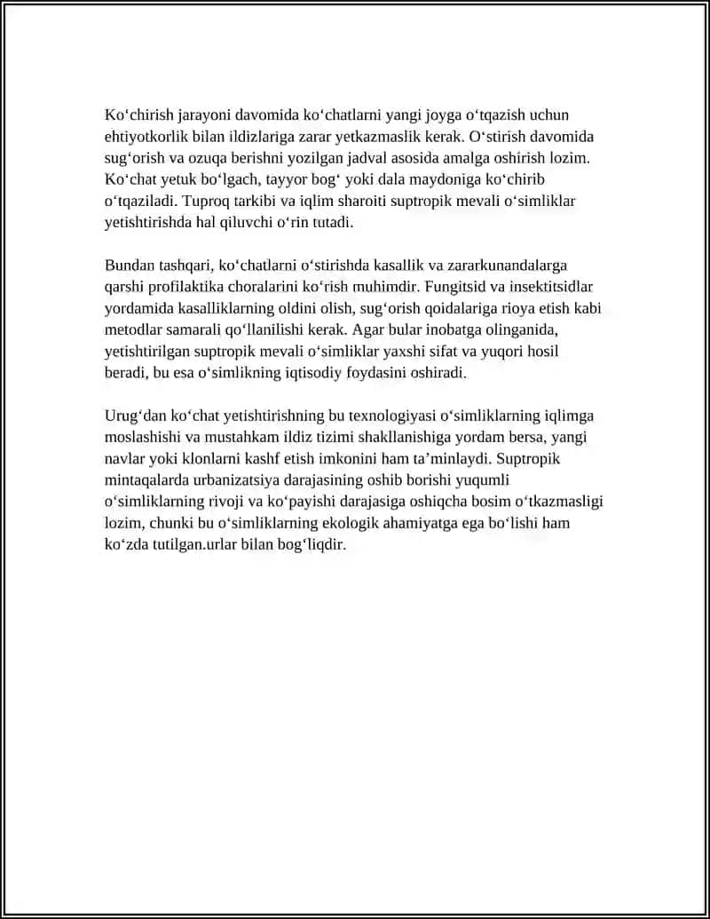 SUPTROPIK MEVALI OʻSIMLIKLAB KOʻCHATINI YETISHTIRISH TEXNOLOGIYASI 4