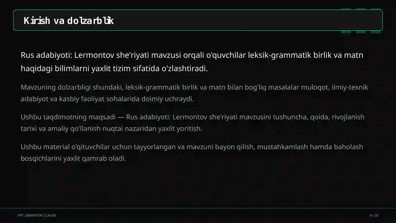 Rus adabiyoti: Lermontov she'riyati (9-sinf) 4