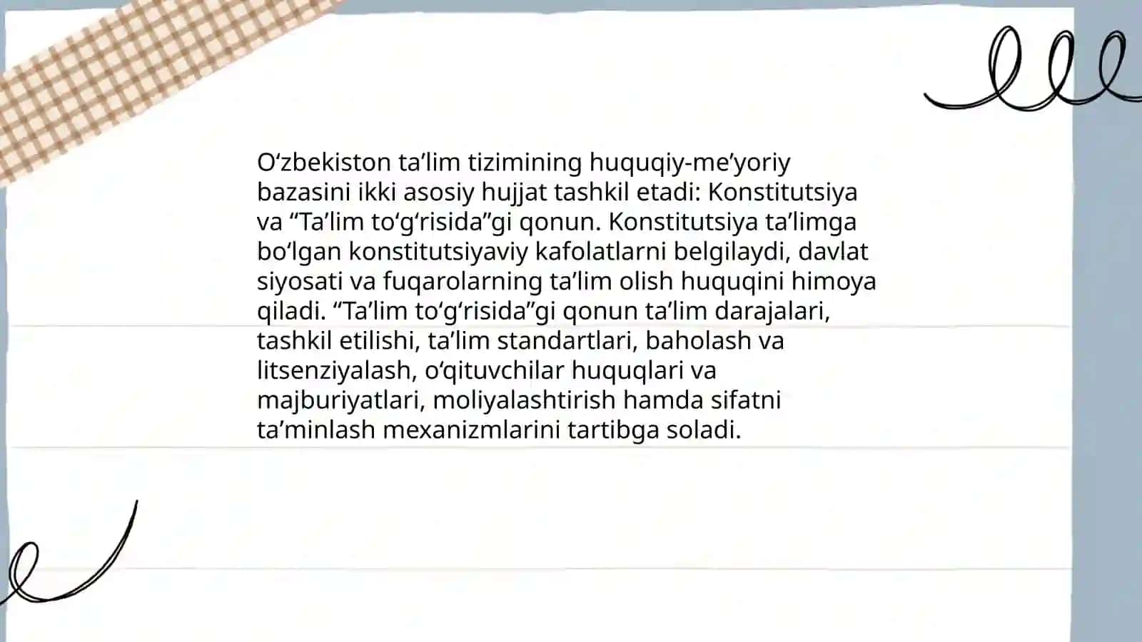 O‘zbekistonda taʼlim tizimini modernizatsiyalash jarayonlari. Taʼlim tizimining huquqiy-meʼyoriy asoslari 4