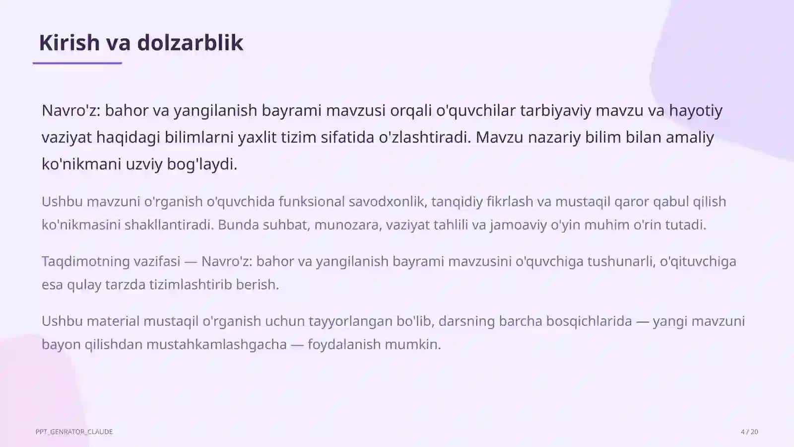 Sinf soati va tarbiyaviy tadbirlar (1–11) 4