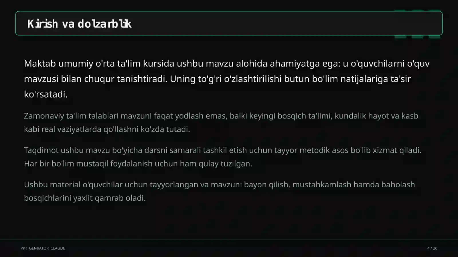 Dolzarb mavzular — maktab va o'qituvchilar (2026) — o'quvchilar uchun 4