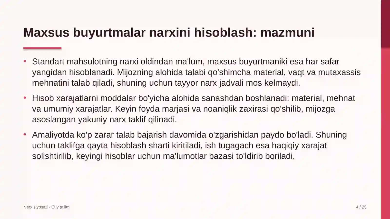 g'allachilikda maxsus buyurtmalar narxini hisoblash 3121 4