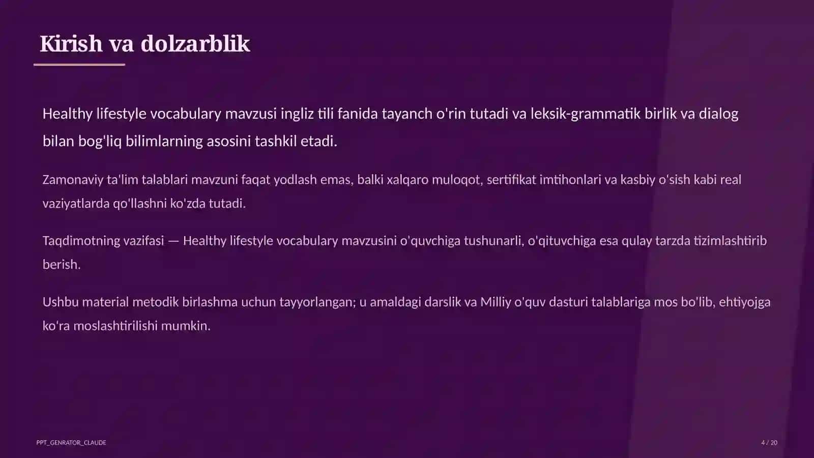 Healthy lifestyle vocabulary (7-sinf) 4