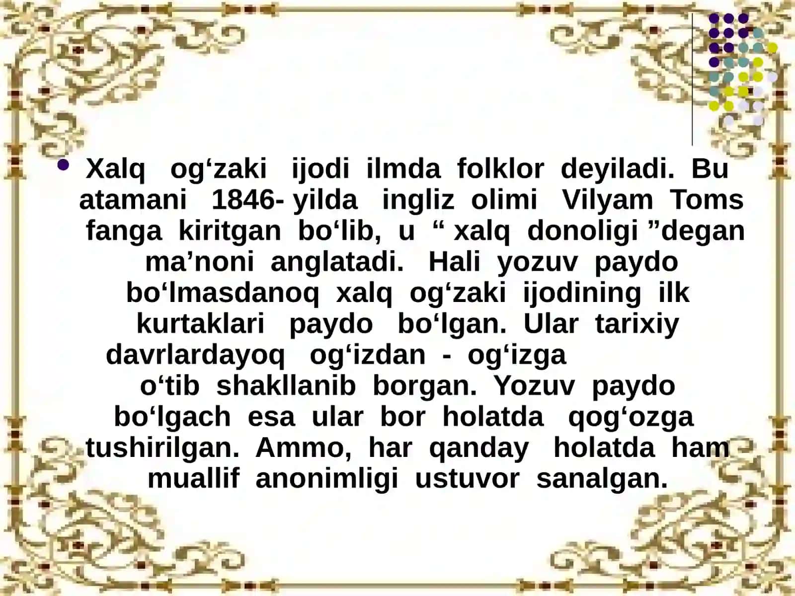 O'ZBEK XALQ MUSIQIY FOLKLOR JANIRLARINING UMUMIY TASNIFI 4