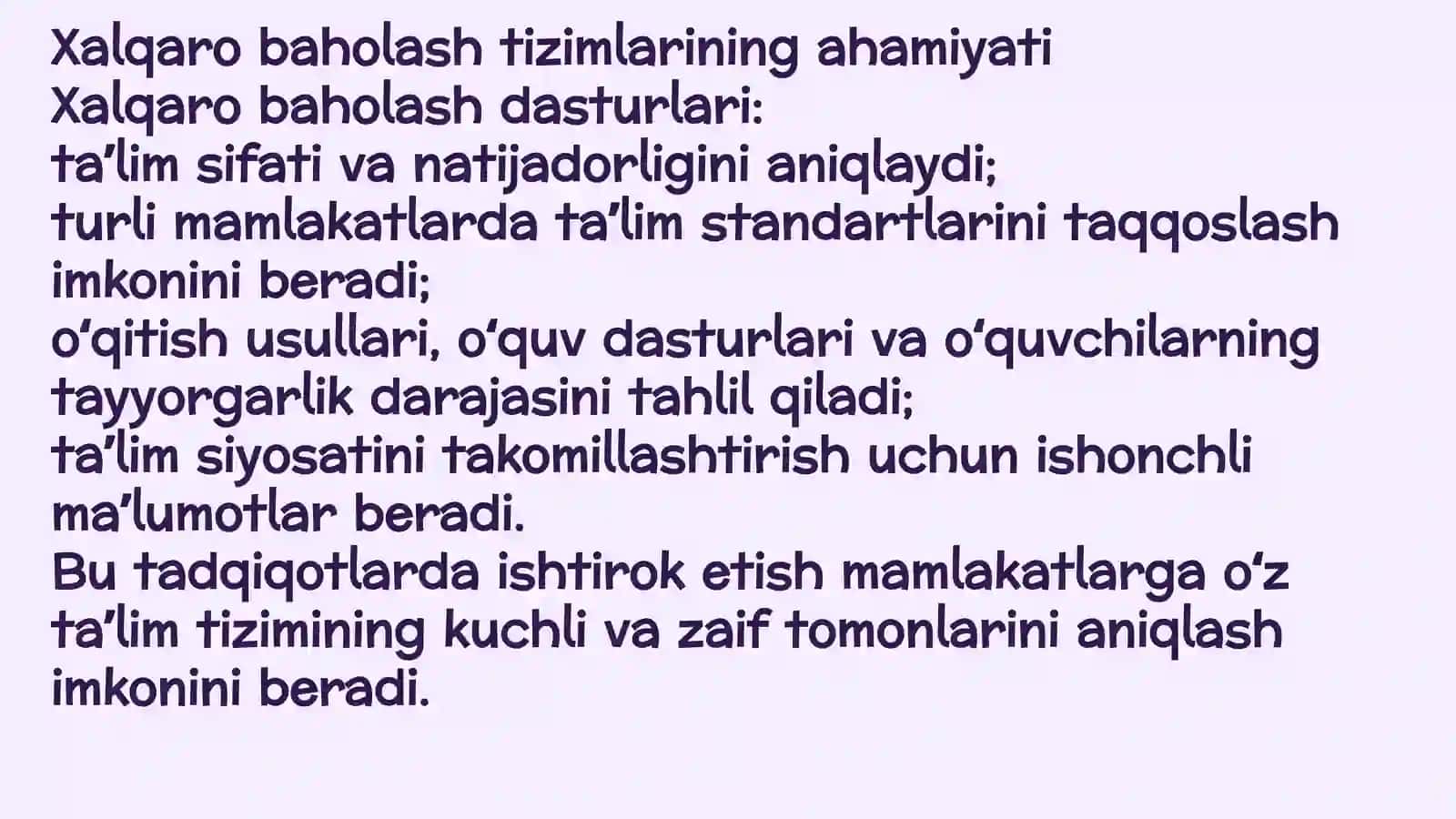 Xalqaro baholash TIMSS, PISA dasturi haqida 4