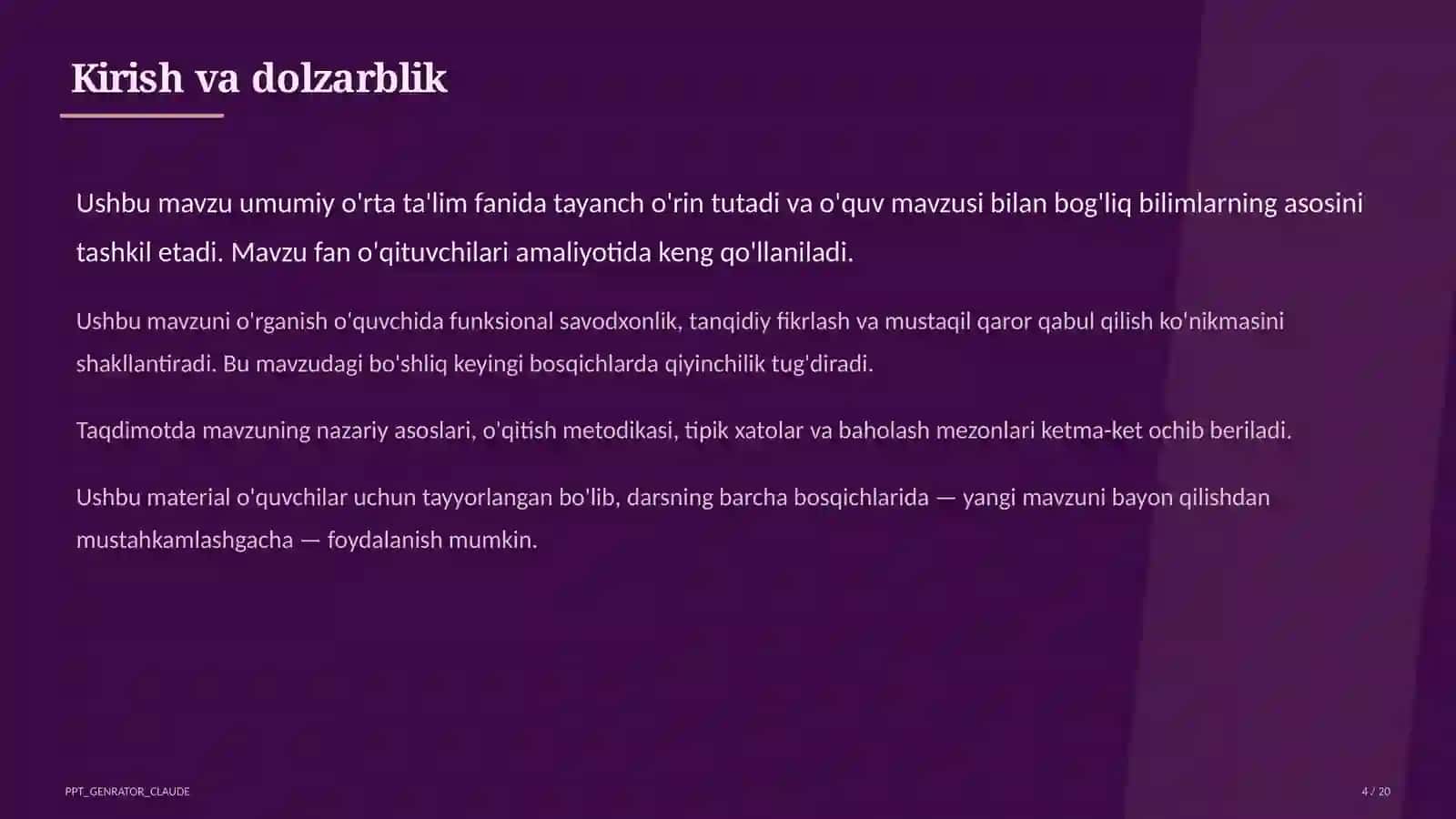 Dolzarb mavzular — maktab va o'qituvchilar (2026) — o'quvchilar uchun 4