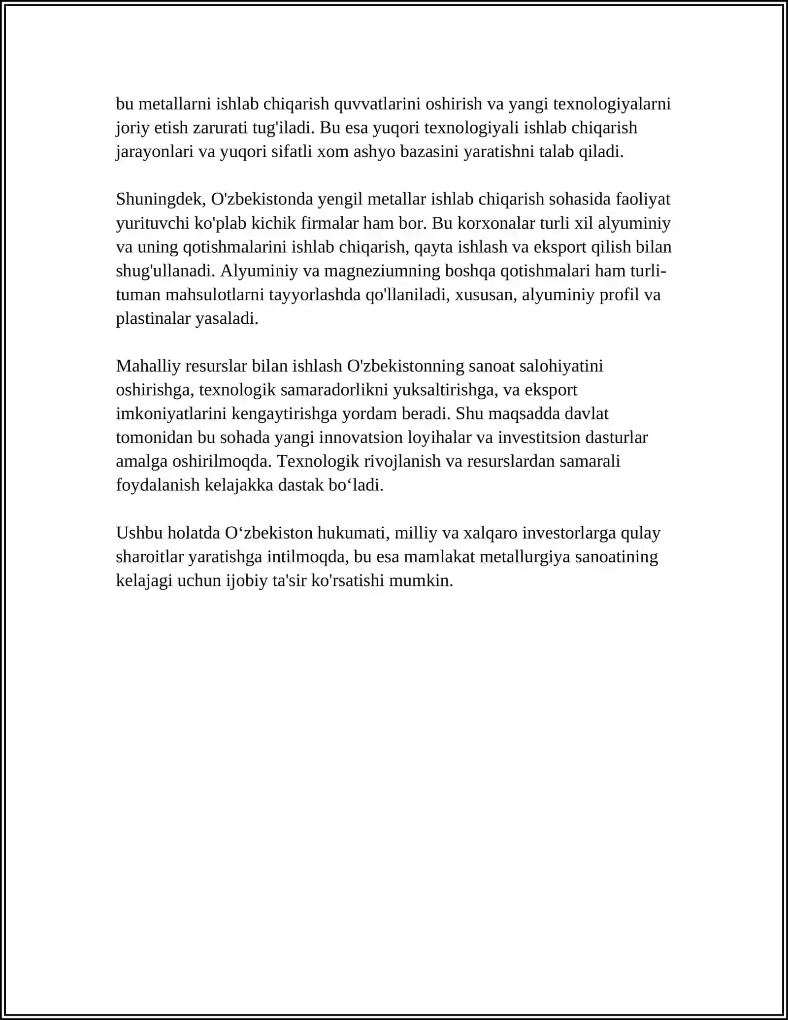 RESPUBLIKAMIZDAGI MAVJUD XOM ASHYO BAZASIDAN YENGIL METALLAR ISHLAB CHIQARISH IMKONIYATI 4
