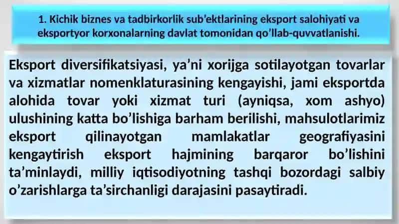 KICHIK BIZNES VA TADBIRKORLIK SUB’EKTLARINING EKSPORT SALOHIYATINI BAHOLASH 4