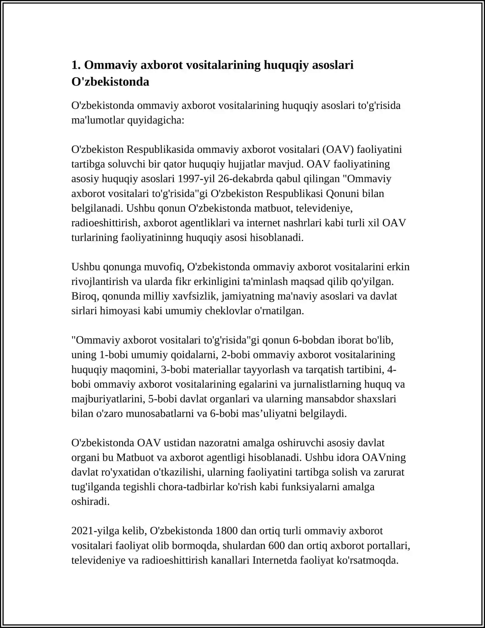 OʻZBEKISTON RESPUBLIKASIDA OMMAVIY AXBOROT VOSITALARINING FAOLIYATI 4