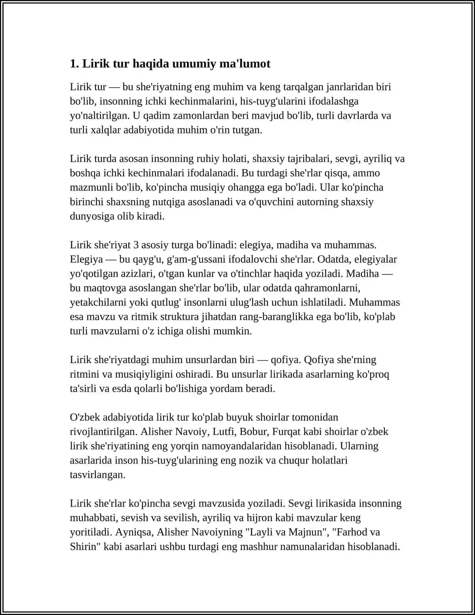LIRIK TUR.GʼARB HAMDA SHARQ LIRIKASI. SHARQ LIRIKASINING AYRIM JANRLARI, FARQ, TUYUQ RUBOIY, DUBAYTIY, QITʼA, GʼAZAL. LIRIK ASARLARNI TAHLIL QILISHNING UZIGA XOSLIGI 4