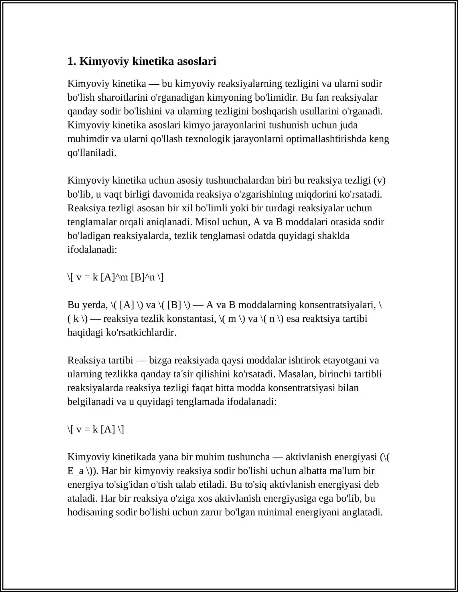 KIMYOVIY KINETICS. HOMOGENEOUS VA GETROGEN SISTEMADAGI KIMYOVIY REAKSIYALARNING TEZLIGI VA UNING TASIR ETUVCHI OMILLAR. MASSALAR TASIRI QONUNI. REAKSIA TEZLIGIGA HARORATNI TASIRI. VAN-GOFF QOIDASI. GOMOGEN VA GETEROGEN KATALIZ JARAYONLARI. QAYTAR VA QAYTMAS REAKSYALAR. GOMOGEN VA GETROGEN REAKSIYADAGI KIMYOVIY MUVOZANAT. KIMYOVIY MUVOZANATNI SILJISHI. LE-SHATELEE PRNSIPI VA UNING KIMYOVIY JARAYONLARDAGI AHAMIYATI 4