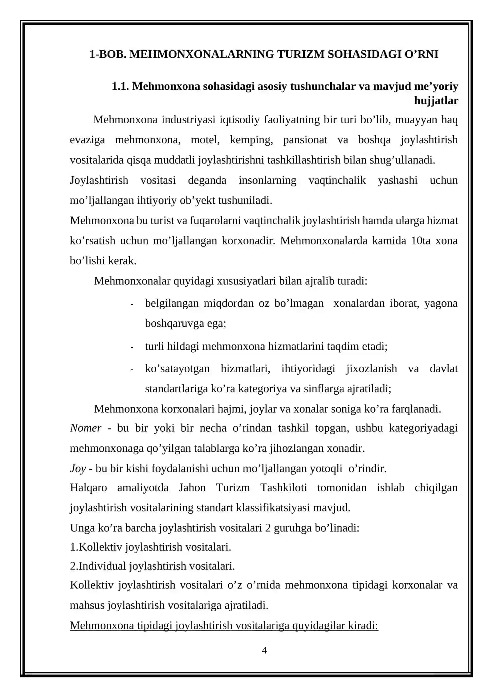 МЕHMONXONALARNING TURIZM SOHASIDAGI O’RNI VA MEHMONXONA XIZMATLARI RAQOBATBARDOSHLIGI 4