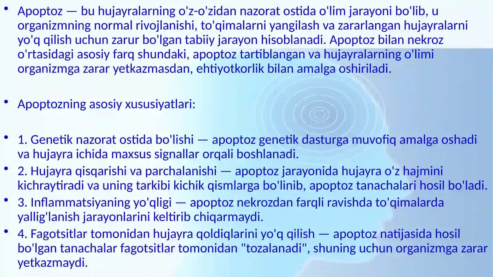 Nekroz. Apoptoz. Nukleoproteidlar, minerallar almashinuvining buzilishining morfologiyasi. Tish karashlari, kutikula, tish blyashkasining pellikulasi, emal va milkning hamda tish toshlarining patomorfologiyasi. Solak tosh kasalligi. Tish emalining kislotali nekrozi 4
