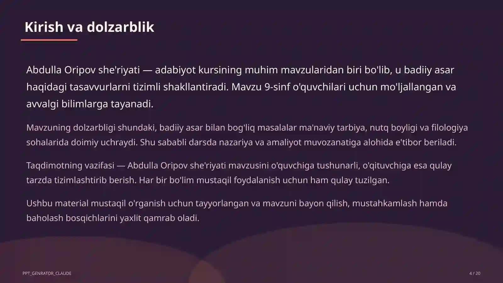Abdulla Oripov she'riyati (9-sinf) 4